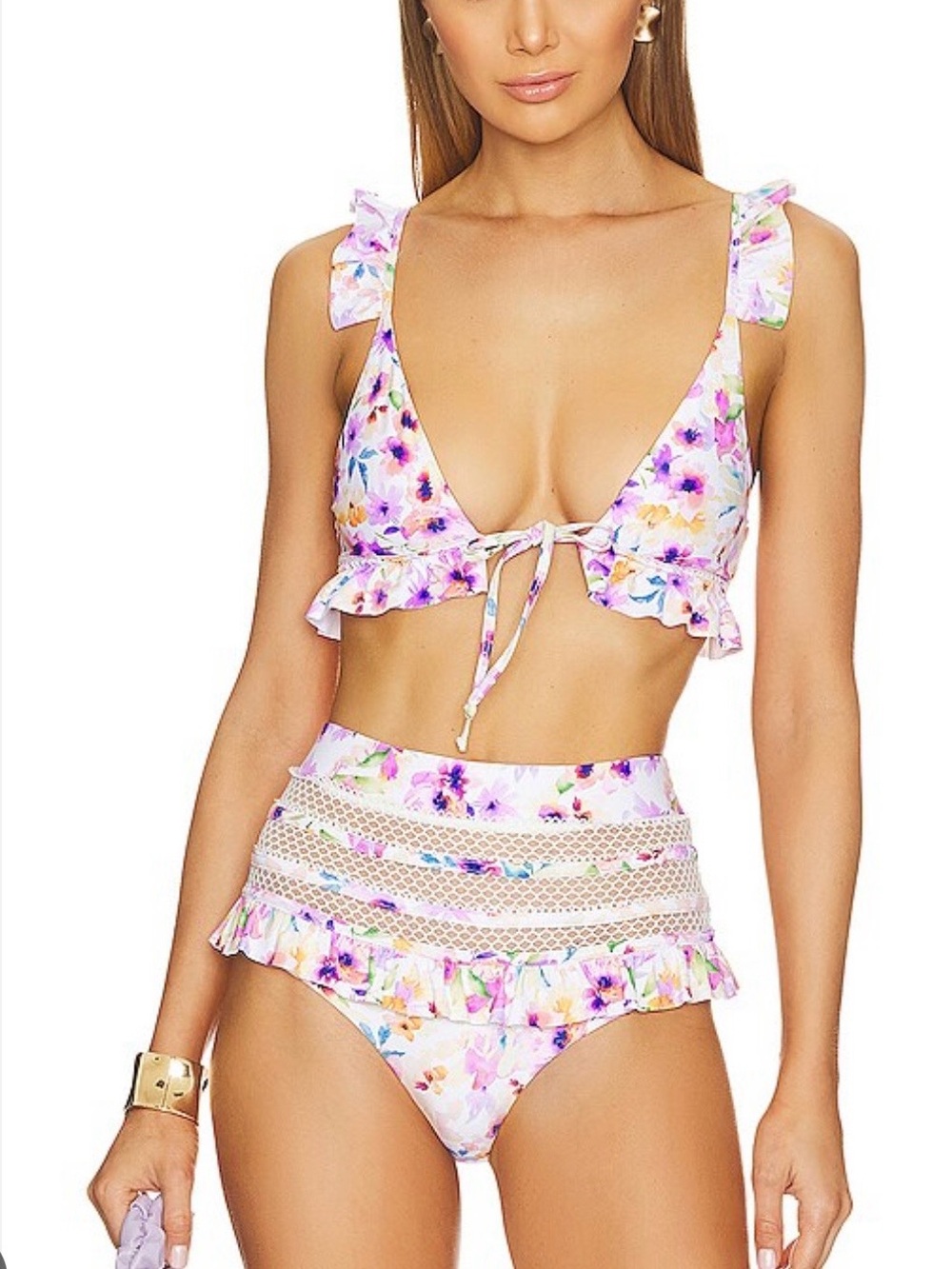 Tularosa Floral Print Two-Piece Bikini - White with Multicolor Watercolor Blooms